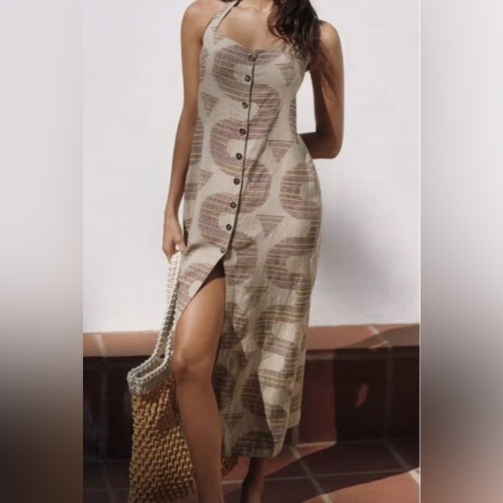Anthropologie x Celandine Linen Halter V-Neck Button-Front Maxi Dress Beige Sz.M